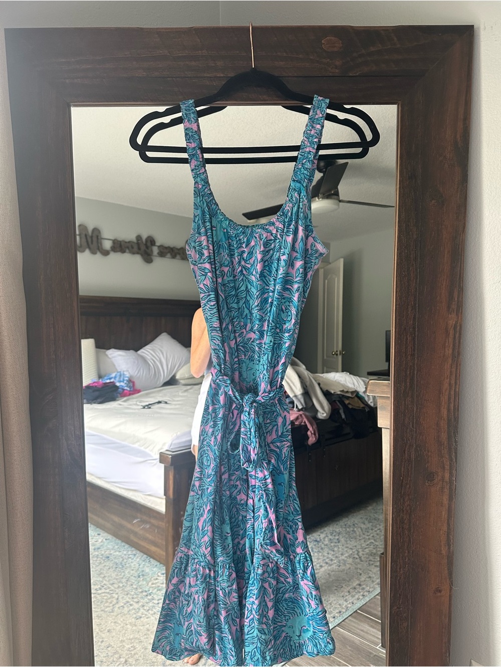 Lilly Pulitzer Teal & Pink Botanical Tie-Waist Midi Dress